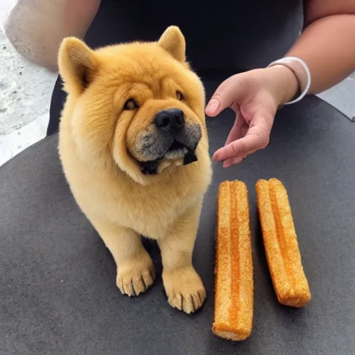 Prompt: a chow chow eating churros