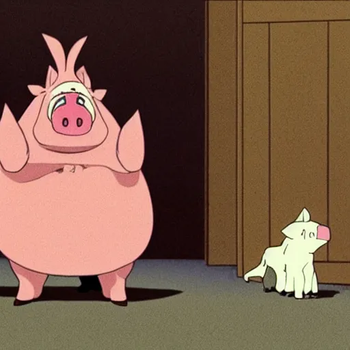 Image similar to viktor orban as a pig in a studio ghibli movie, screenshot