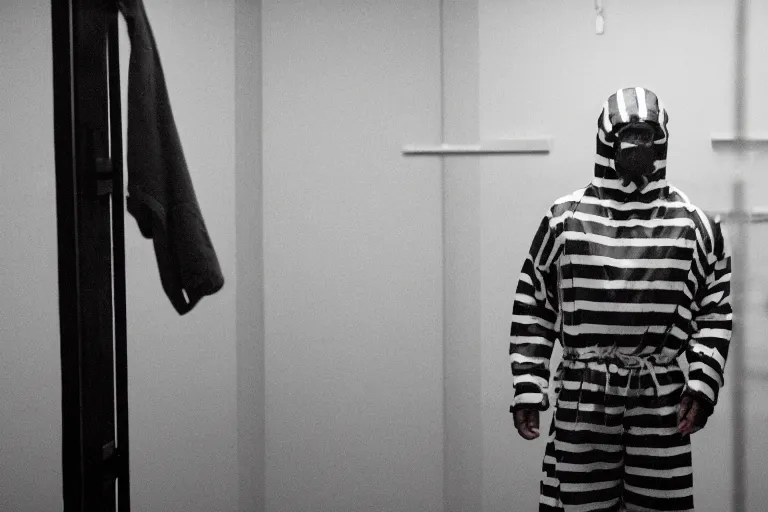 Prompt: a cinematic portrait of a prisoner dressed in a a black and white striped hazmat suit in a small prison cell, fog storm, annie leibovitz and zack snyder, 8 k, hd, high resolution, 8 5 mm, f / 1. 8