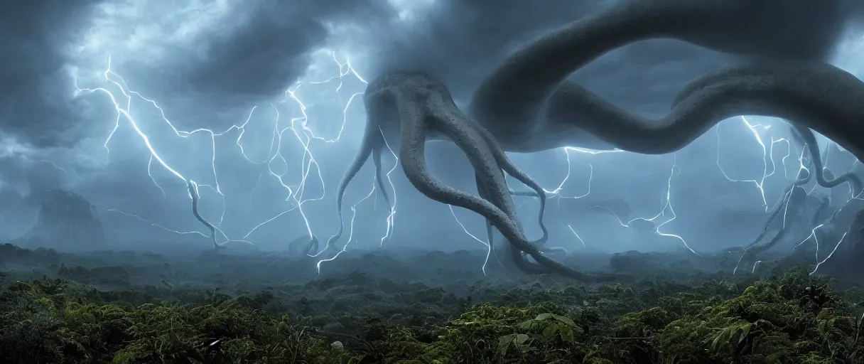 Image similar to a giant octopus tentacle hanging from the clouds over a rain forest, lightning storm and sun rays, ambient light, still from the movie the arrival, 8k