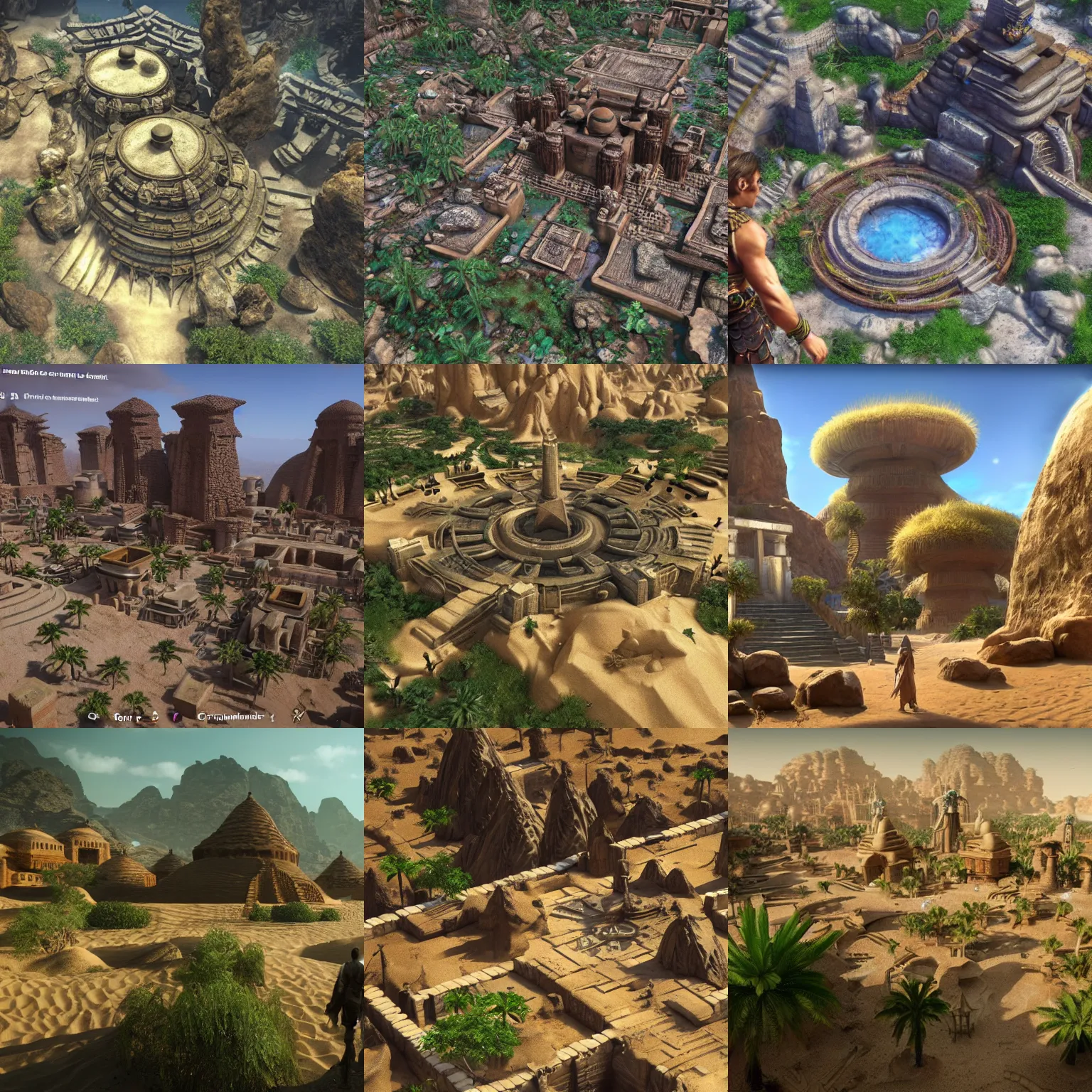 Prompt: a godly ancient isolated sacred spiritual alien village built in the lush oasis of a vast hot sand desert, 3 rd person action adventure, screenshot, gameplay, final fantasy, square enix, jrpg, cutscene, unreal engine, 4 k, ultra high settings, rtx, next gen graphics, playstation 5, greg rutkowski, tetsuya nomura