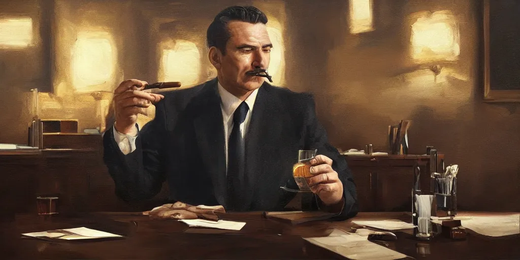 Image similar to beautiful oil matte portrait painting, mafia boss holding a cigar and drinking whiskey at his 5 0 s new york office desk, wonderful masterpiece highly detailed, beautiful cinematic light deep focus, elegant, digital painting, smooth, sharp focus, golden ratio, dramatic illumination, ultra realistic, 8 k, art by jimmy law