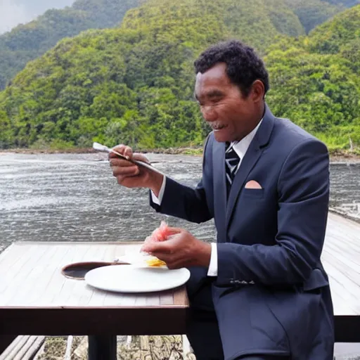 Image similar to photo, papua man in business suit eating sushi