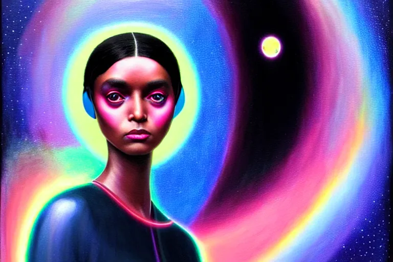 Image similar to patron saint of 🛸🌈👩🏾, futuristic iridescent clothing, wormhole, nebula, black hole, multiverse, neon god of city character portrait, in the style of margaret keane, moebius, tom bagshaw, and waterhouse, cinematic lighting, beautiful, elegant, oil painting,