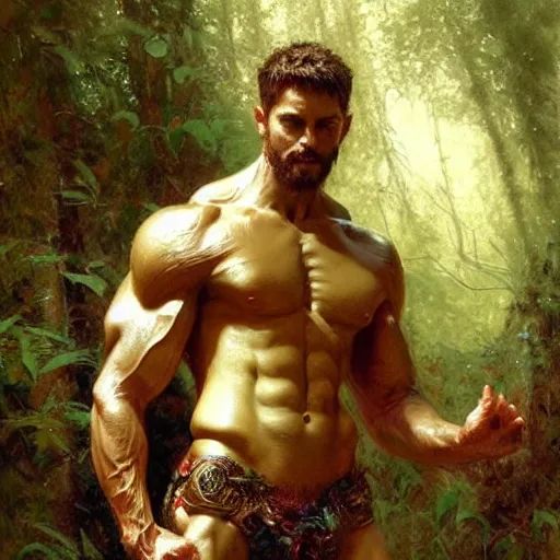 Prompt: god of the forest, 30 years old, playful, male, muscular, detailed face, thighs!!!! gorgeous, amazing, muscular, intricate, highly detailed, painting by Gaston Bussiere, Craig Mullins