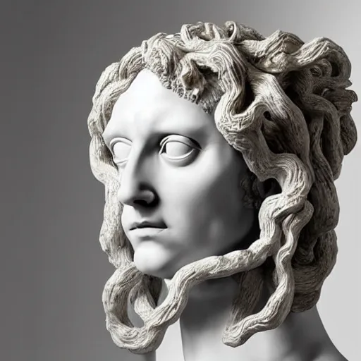 Prompt: medusa sculpture hyperrealistic style made by michelangelo, made with carrara marble