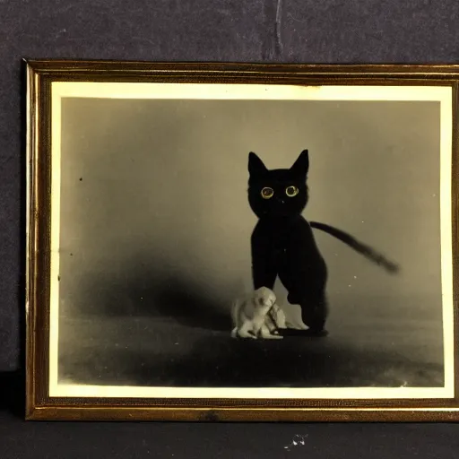 Image similar to lithograph of a cat emitting ectoplasm, haunted cat, ghostly presence, vintage photography