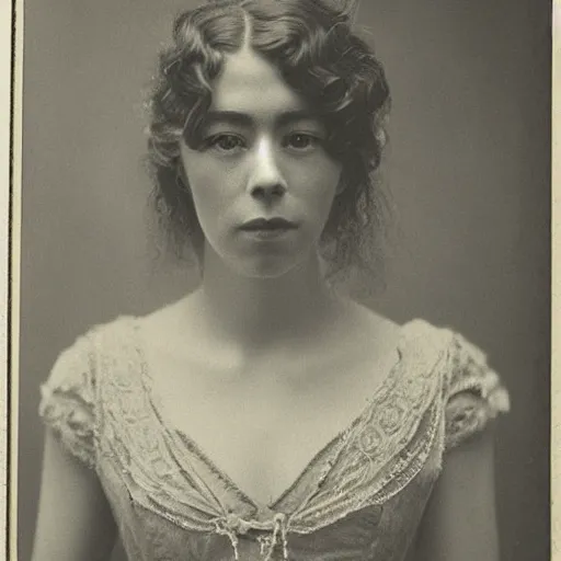 Image similar to victorian photograph of vanessa kirby, 1 8 9 0 s photography, 1 9 0 0, realistic face, symmetrical face, studio photograph, grainy, edwardian, old photo