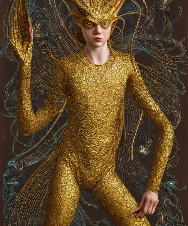 Prompt: a portrait photograph of a fierce sadie sink as a strong alien harpy queen with amphibian skin. she is dressed in a golden lace shiny metal slimy organic membrane leotard and transforming into an evil insectoid snake bird. by donato giancola, walton ford, ernst haeckel, peter mohrbacher, hr giger. 8 k, cgsociety