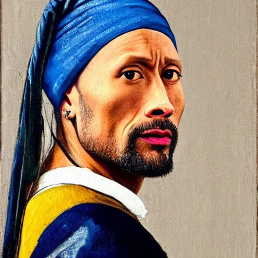 Image similar to Dwayne Johnson with a pearl earring by Johannes Vermeer