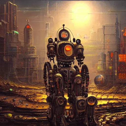 Image similar to beautiful detailed religious oil painting of robots with halos in a cyberpunk wasteland