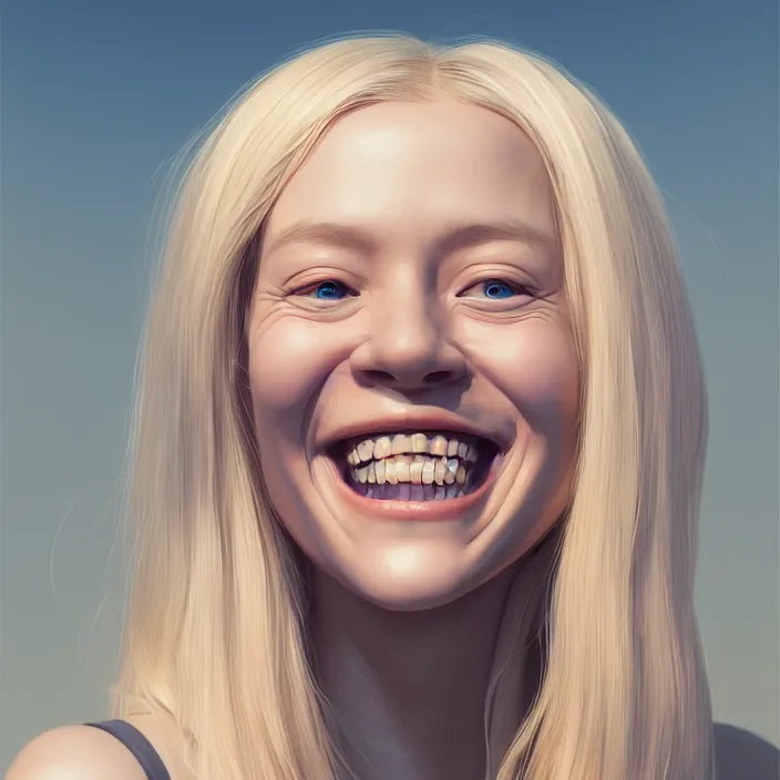 Prompt: portrait of a shy blond woman smiling . by Tooth Wu, wlop, beeple, dan mumford. octane render, trending on artstation, greg rutkowski very coherent symmetrical artwork. cinematic, hyper realism, high detail, octane render, 8k, chrome accents, 50 mm lens photography