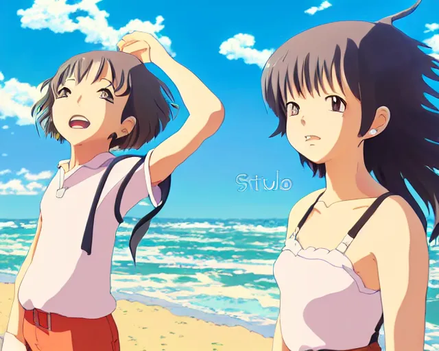 Image similar to anime fine details portrait of joyful girl at beach anime masterpiece by Studio Ghibli. 8k render, sharp high quality anime illustration in style of Ghibli, artstation