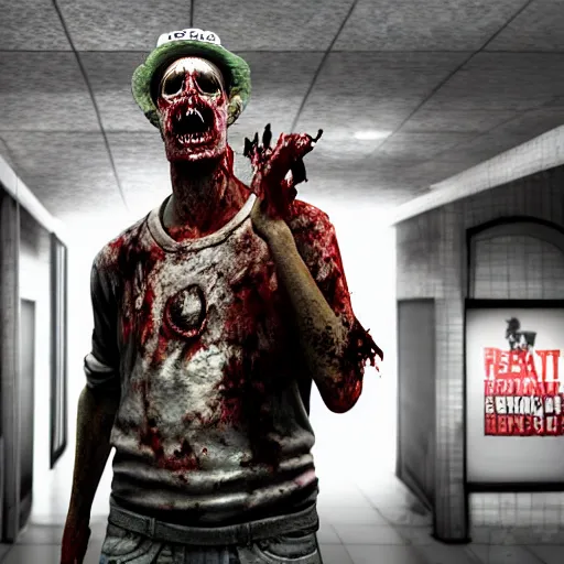 Image similar to highly detailed portrait of a boomer zombie from left 4 dead, style of stephen bliss, in a shopping mall with waterfountain, unreal engine, global illumination, detailed and intricate environment