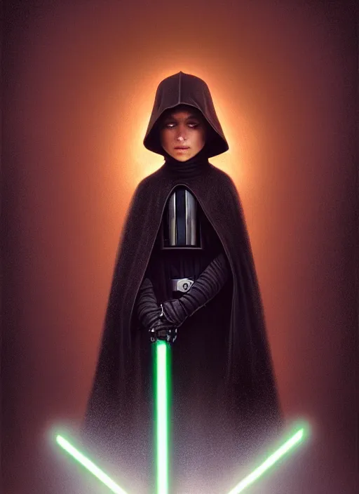 Image similar to perfectly - centered - portrait of a kid wearing black cloak holding light saber, intricate, highly detailed, digital painting, artstation, concept art, smooth, sharp focus, illustration, unreal engine 5, 8 k, art by artgerm and greg rutkowski and alphonse mucha