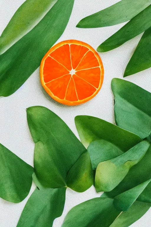 Image similar to minimalist boho style art of an orange with green leaves on white background