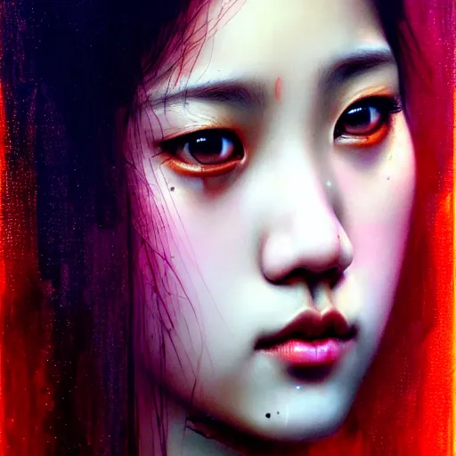 Prompt: jisoo of blackpink, hyperrealistic portrait, bladerunner street, by karol bak and agnes cecile, fantasy art, photo realistic, dynamic lighting, artstation, poster, volumetric lighting, very detailed face, intricate complexity, rule of thirds, 8 k, award winning, trending