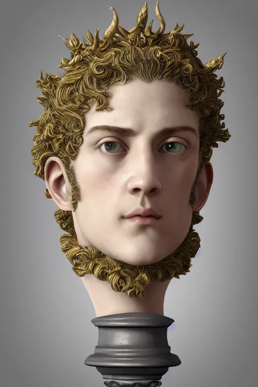 Image similar to a realistic porcelain full-head rococo style bust of handsome young Spanish prince a faded style haircut and a crown made of colored pipecleaners, suspended in outer space, photorealism, octane render, depth of field, 8k, 35mm, artgem, Trending on artstation