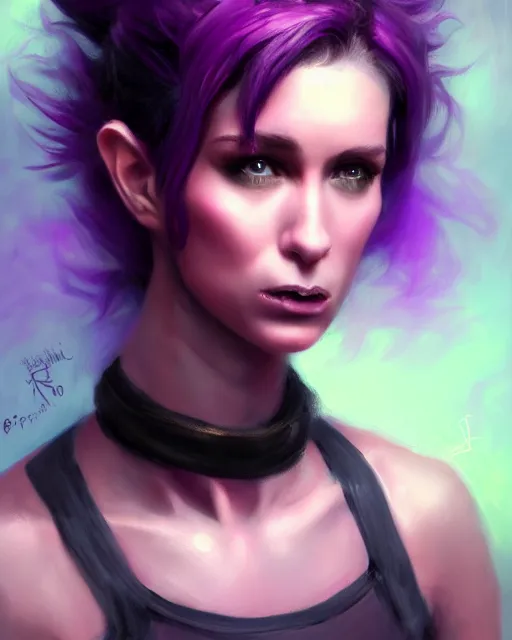 Prompt: cute female punk, perfect face, black halter top, purple hair, abs, cinematic, stunning, athletic, strong, agile, highly detailed, psychedelic, digital painting, artstation, smooth, hard focus, illustration, art by jessica rossier and and brian froud