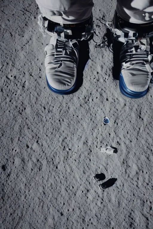 Prompt: afull body photography of an astronaut on the surface of the moon, bottom - view, focus on his foot, low angle, out - space in background, photography, photo - shot, shooting, cinematic lighting, 8 k