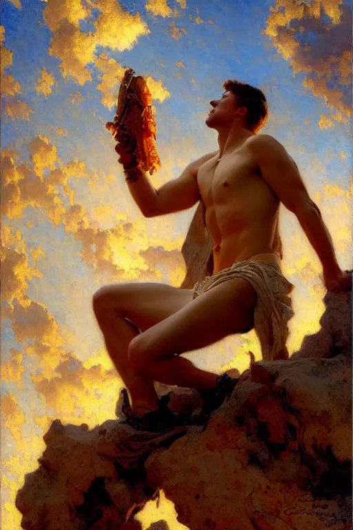 Image similar to attractive male painting sky, painting by gaston bussiere, craig mullins, j. c. leyendecker