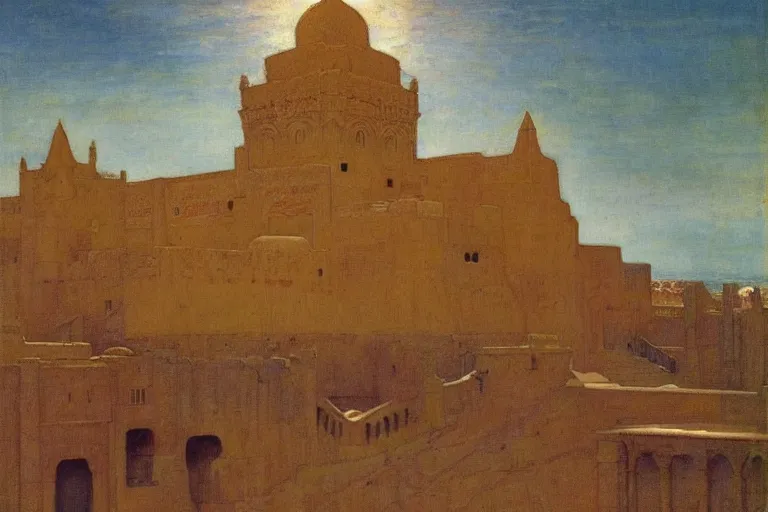 Prompt: ancient moorish city by the sea by Annie Swynnerton and Nicholas Roerich and jean delville, strong dramatic cinematic lighting , ornate painted architecture, lost civilizations, smooth, sharp focus, extremely detailed