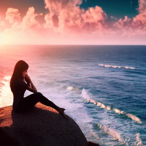 Image similar to beautiful photograph of a young woman praying by the pacific ocean, sunrise, birds, epic, cinematic lighting, dramatic angle, 8k hdr pixiv dslr photo by Makoto Shinkai and Wojtek Fus