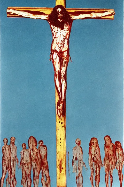 Image similar to bloody christ crucified and huge ufo in the sky painted by cy twombly and andy warhol