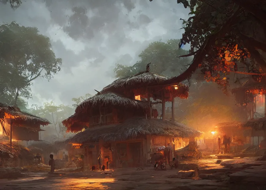 Image similar to kerala village, sharp focus, wide shot, trending on ArtStation, masterpiece, by Greg Rutkowski, by Ross Tran, by Fenghua Zhong, octane, soft render, oil on canvas, colorful, cinematic, environmental concept art