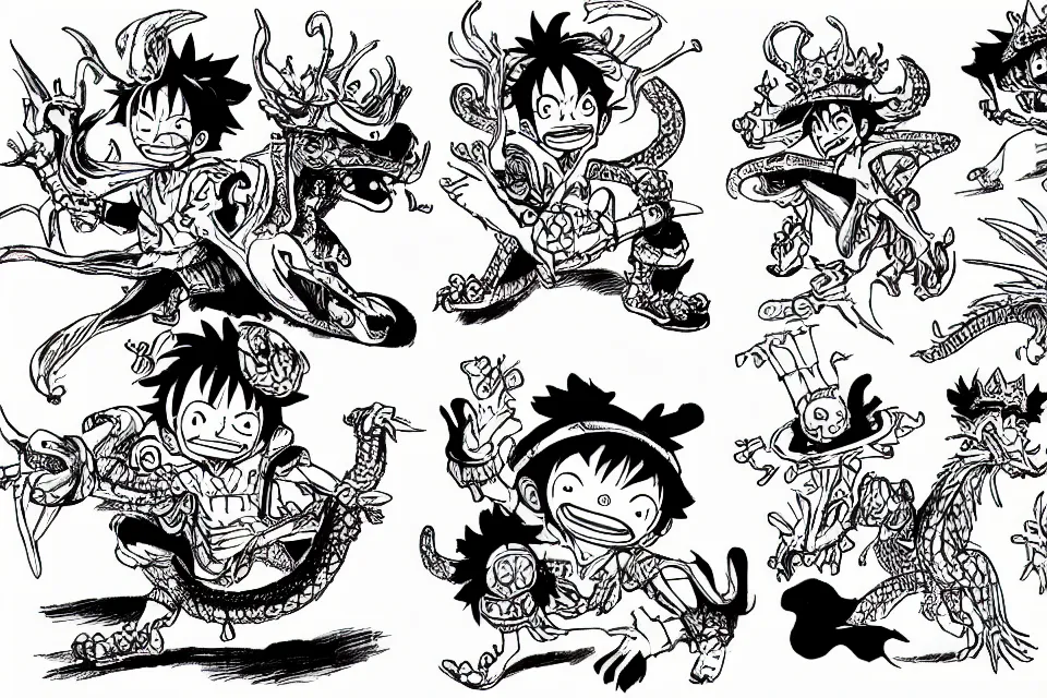 Image similar to concept sketches of luffy wearing a gold crown riding a large dragon by jamie hewlett, in the style of megaman, micro detail