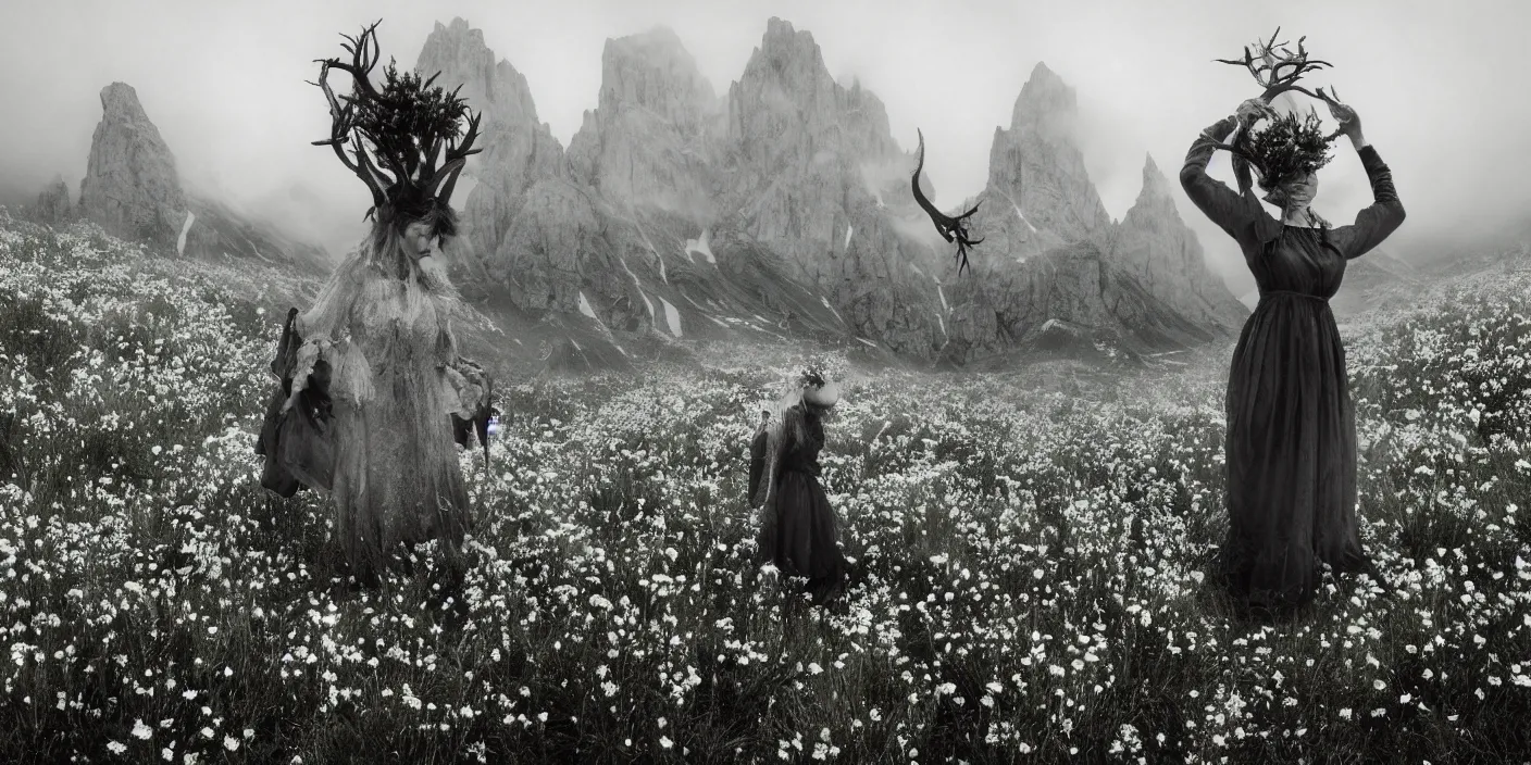 Prompt: alpine female farmers head being overgrown by edelweiss, antlers on head, much fog, levitating witches, magic, dolomites dark black and white vintage photography by dennis villeneuve, cinestill eerie despair portrait photography artstation digital art adward winning