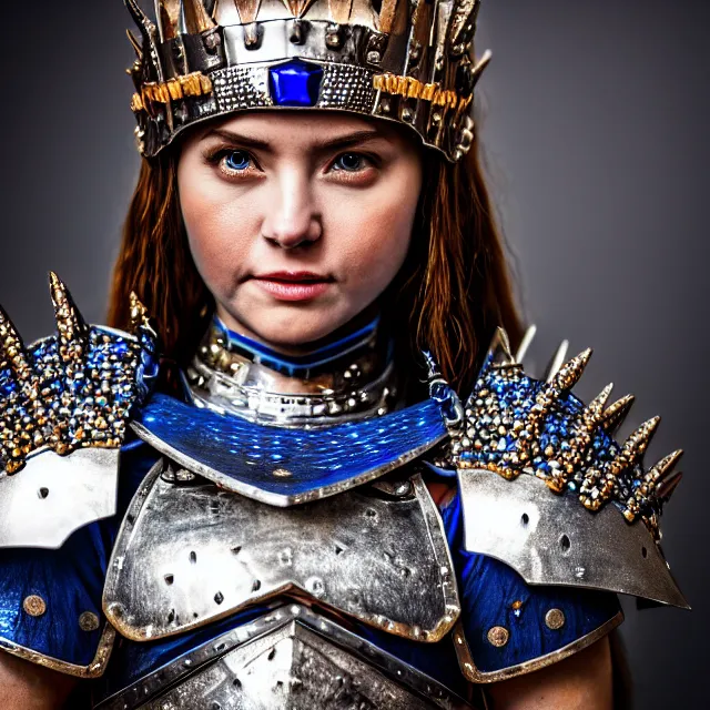 Prompt: photo of a beautiful cute strong warrior queen wearing sapphire encrusted armour, highly detailed, 8 k, hdr, smooth, sharp focus, high resolution, award - winning photo