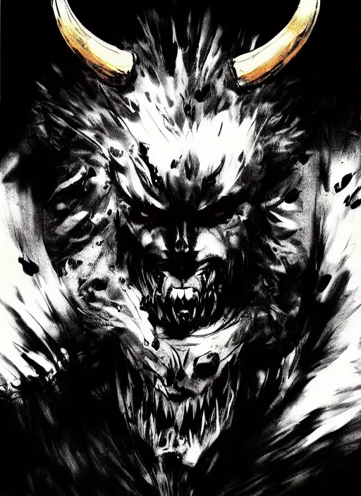 Prompt: A horned bear spirit with sharp claws. In style of Yoji Shinkawa and Hyung-tae Kim, trending on ArtStation, dark fantasy, great composition, concept art, highly detailed.
