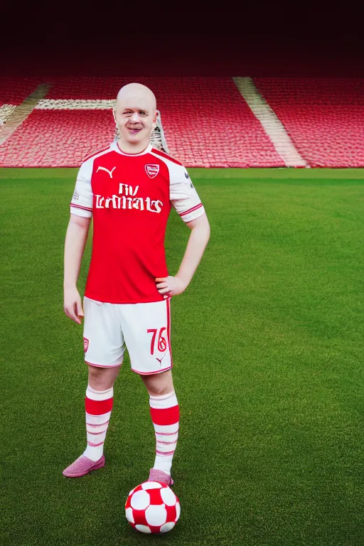 Prompt: mr blobby playing football in the stadium wearing the red and white arsenal shirt, photographed, sunny day, portrait, photographic