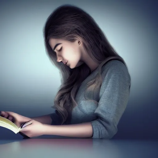 Image similar to ! dream a girl reading a book, her hair flowing down, hyper - realistic, very detailed, intricate, slight smile expression, photo realistic, dramatic cinematic lighting, octane render, 4 k, ultra detailed