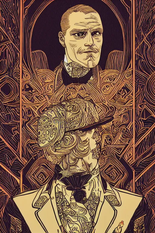 Prompt: portrait of a duke, victorian era, royal style, art deco, stylized illustration by moebius, victo ngai, vivid colorful comics style, clean line, diesel punk