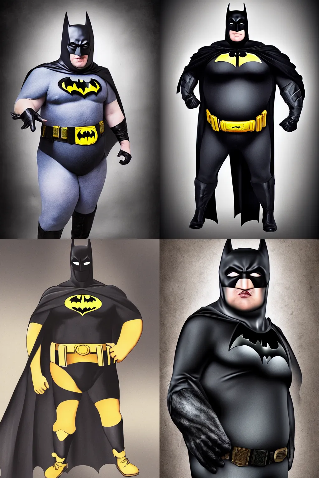 Prompt: fat batman, portrait, studio photography, photo real, photograph