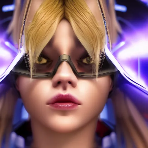 Prompt: panorama of a pretty blond cyberpunk seraphim in a machine city, perfect symmetrical face, cute face, 8 k, shallow depth of field, 8 k, ultra high detail, concept art, w 1 0 2 4