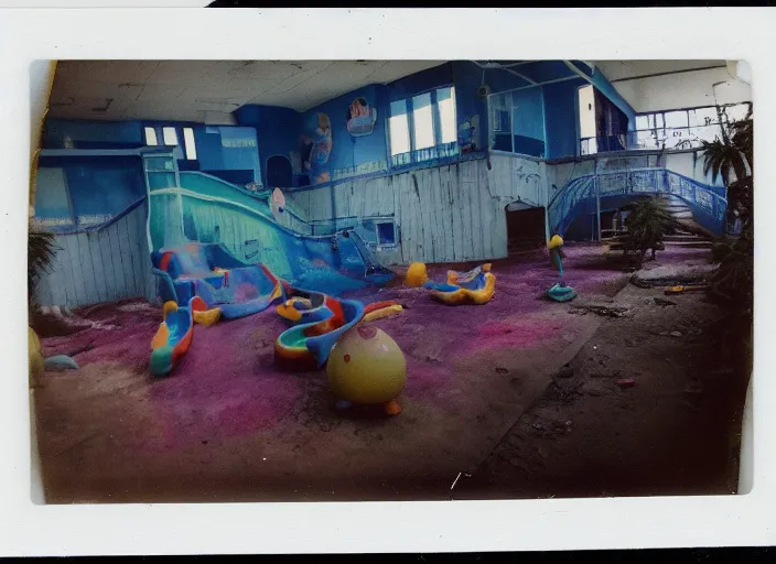 Prompt: polaroid photo of an abandoned colorful indoor water park with strange creatures lurking