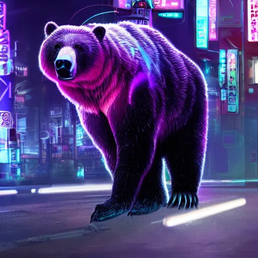 Image similar to cyborg grizzly bear with part of head replaced with metal and eye replaced with bright purple light on the streets of neo tokyo, 4k award winning render, realistic, neon, dark, gritty