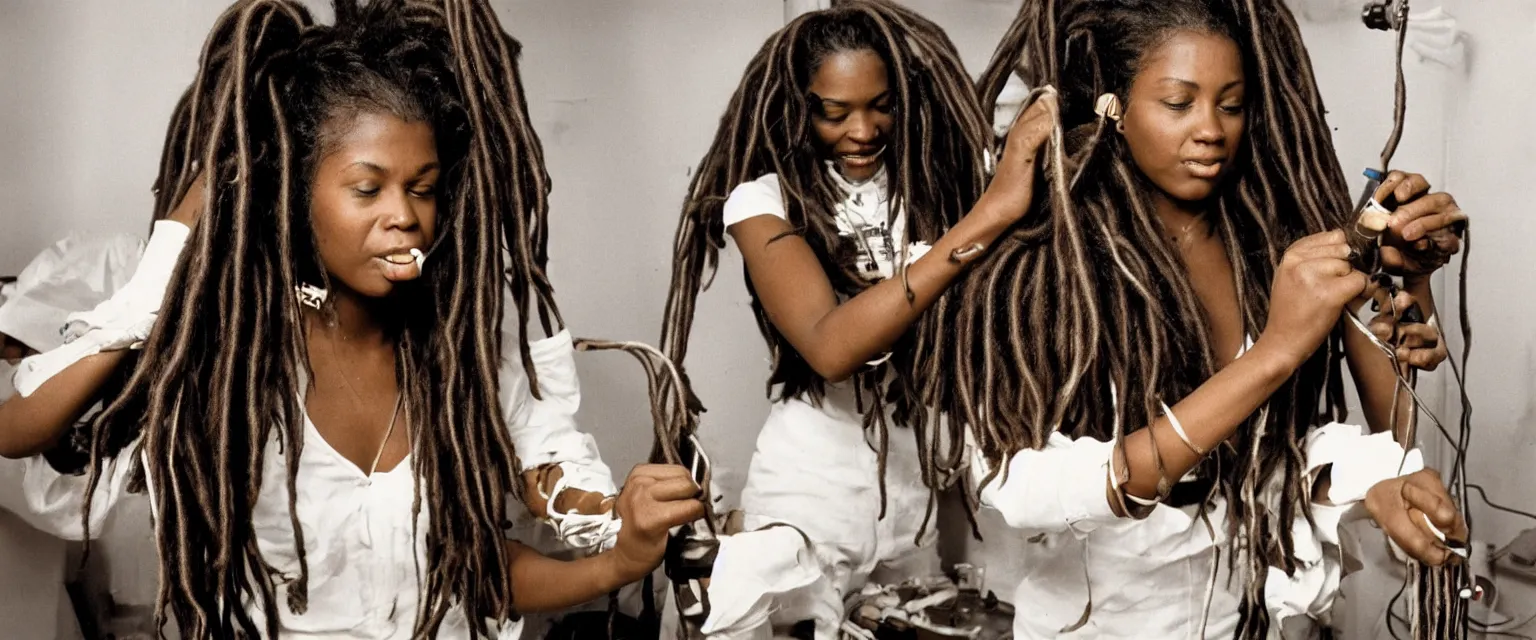 Image similar to beautiful black woman blow drying dreadlocks in 1 9 8 0's setting h