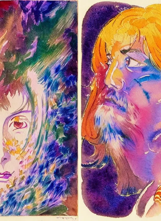 Prompt: vintage 7 0 s anime watercolor, a portrait of a man with colorful face - paint enshrouded in an impressionist watercolor, representation of mystic crystalline fractals in the background by william holman hunt, art by cicley mary barker, thick impressionist watercolor brush strokes, portrait painting by daniel garber, minimalist simple pen and watercolor