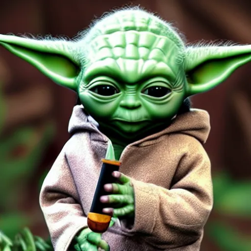 Prompt: baby Yoda photo realistic smoking a bong in a forest