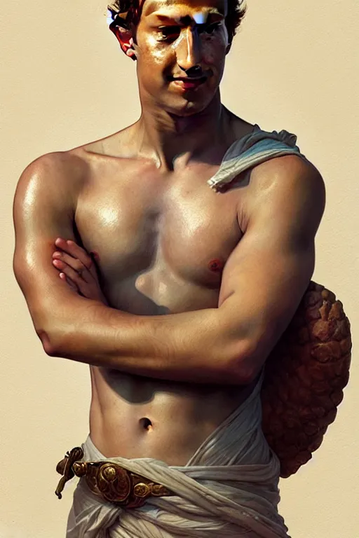 Image similar to Mark Zuckerberg as a Greek god, gorgeous, amazing, muscular, fit, very muscular male body, intricate, highly detailed, digital painting, artstation, concept art, sharp focus, illustration, art by greg rutkowski and alphonse mucha