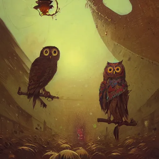 Image similar to long shot of a duo owl, duolingo, art by esao andrews, by james jean, marc simonetti, by victo ngai, humorous illustration, hyperrealistic, big depth of field, warm colors, night scenery, dim light, 3 d octane render, 4 k, tilt shift, conceptart, hyperdetailed, hyperrealistic, trending on artstation