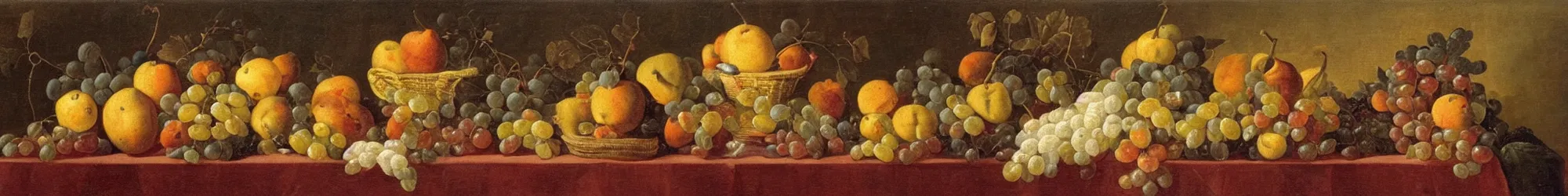 Image similar to still life with fruit and taxidermy on a very long table, oil on canvas (1767)