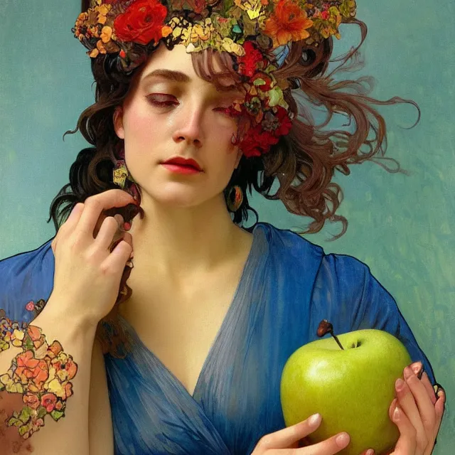 Image similar to an aesthetic! detailed close - up portrait of an aesthetic woman, dressed in silk, crying while holding an apple, by frank frazetta and alphonse mucha, oil on canvas, bright colors, art nouveau, epic composition, dungeons and dragons fantasy art, hd, god - rays, ray - tracing, crisp contour - lines, huhd - 8 k