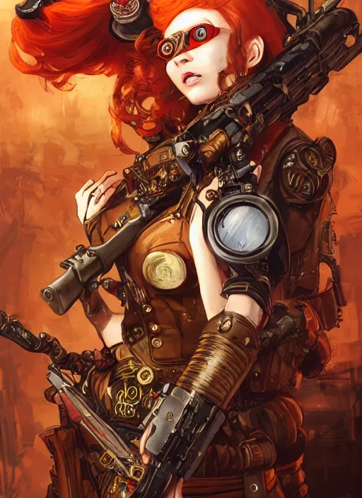 Prompt: 8K, realistic ginger Lady Mechanika in a Comic Book cover, holding a shotgun, and wearing victorian goggles in a ultradetailed Steampunk scenary, by Artgerm and Peter Andrew Jones Katsuhiro Otomo, trending on artstation, featured in Deviantart, Wallpaper, sharp focus, D&D, detailed, intricate, cinematic lighting,