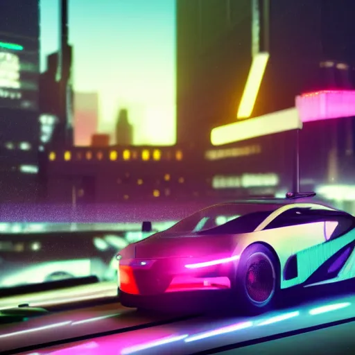 Prompt: digital art of a futuristic neon city sharp photorealistic octane render, bokeh in the background only, a in focus sharp flying car hover in the foreground