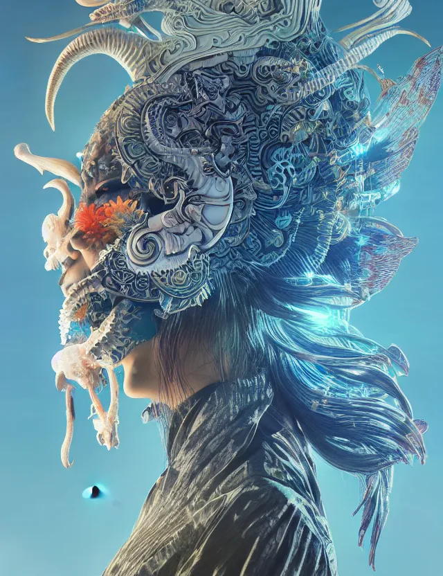 Image similar to 3 d goddess close - up profile solarpunk portrait ram skull. beautiful intricately detailed japanese crow kitsune mask and clasical japanese kimono. betta fish, jellyfish phoenix, bio luminescent, plasma, ice, water, wind, creature, artwork by tooth wu and wlop and beeple and greg rutkowski